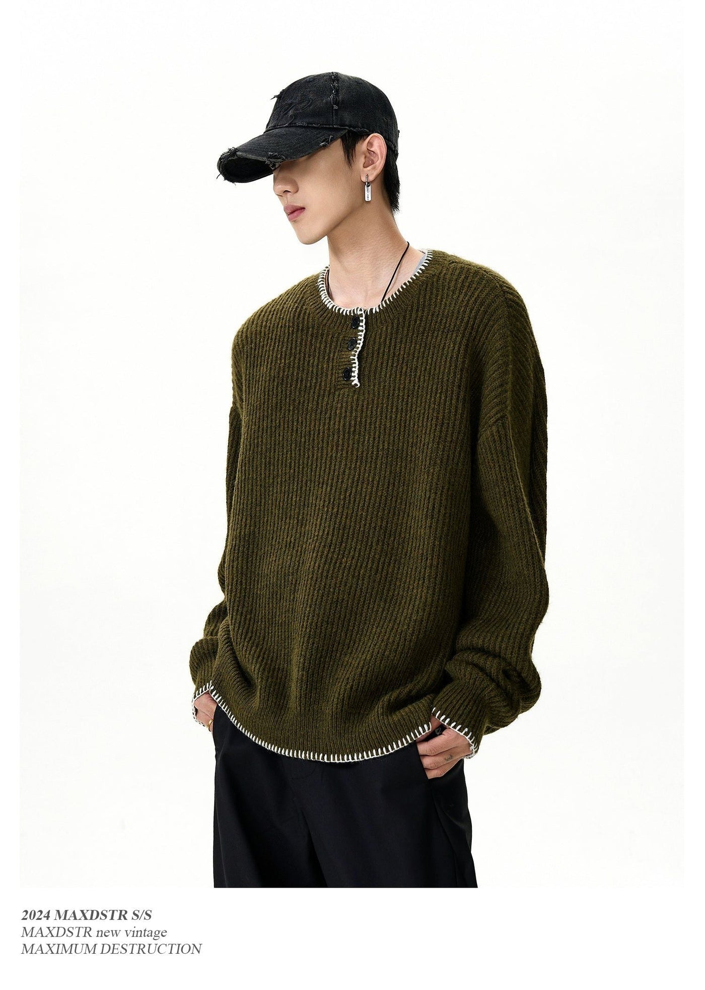 Three-Buttons Stitched Hem Sweater Korean Street Fashion Sweater By MaxDstr Shop Online at OH Vault