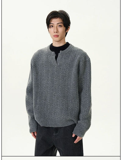 Cable Knit Henry Collar Sweater Korean Street Fashion Sweater By 77Flight Shop Online at OH Vault