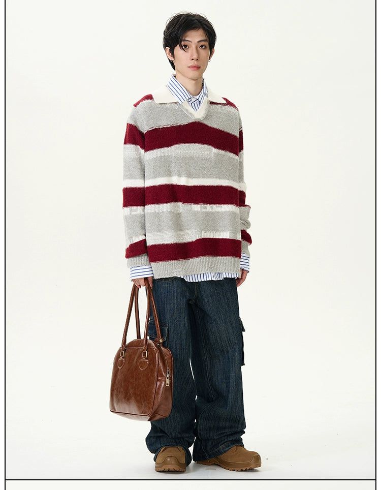 Two-Piece Stripes V-Neck Sweater Korean Street Fashion Sweater By 77Flight Shop Online at OH Vault