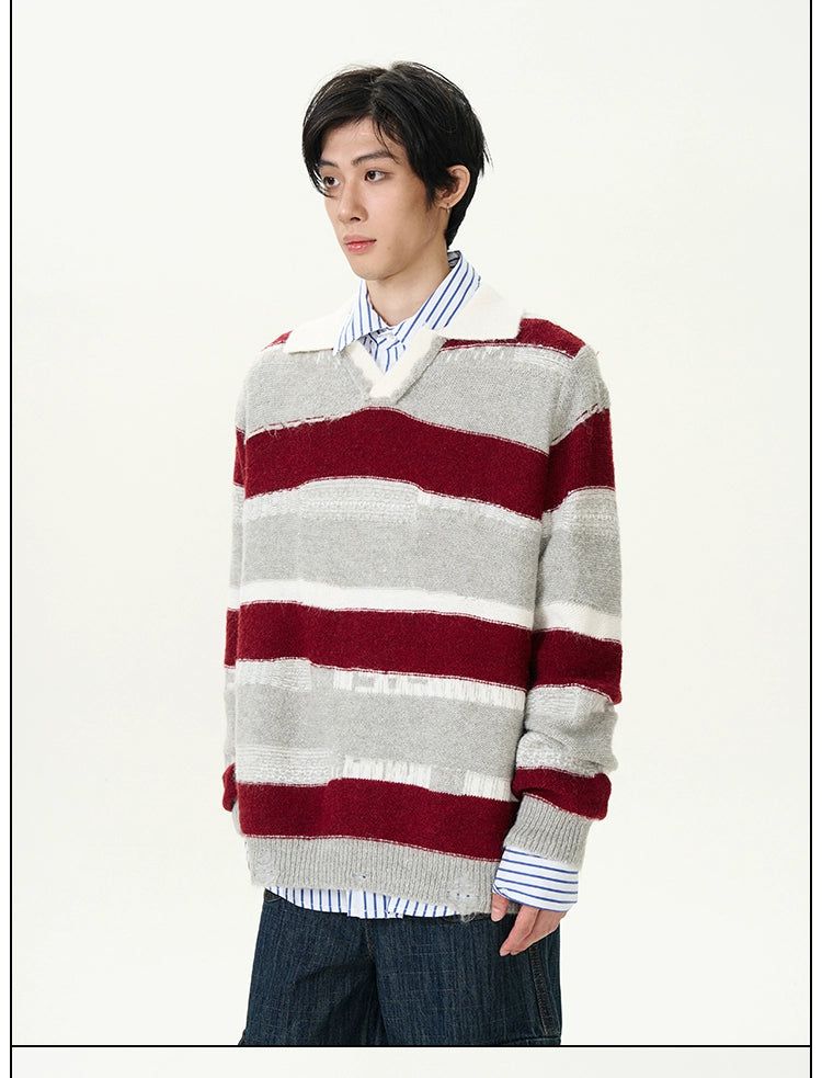 Two-Piece Stripes V-Neck Sweater Korean Street Fashion Sweater By 77Flight Shop Online at OH Vault