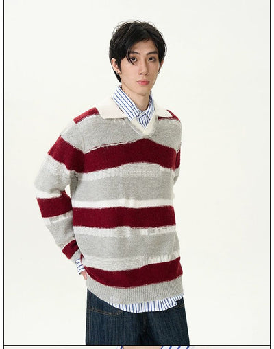 Two-Piece Stripes V-Neck Sweater Korean Street Fashion Sweater By 77Flight Shop Online at OH Vault