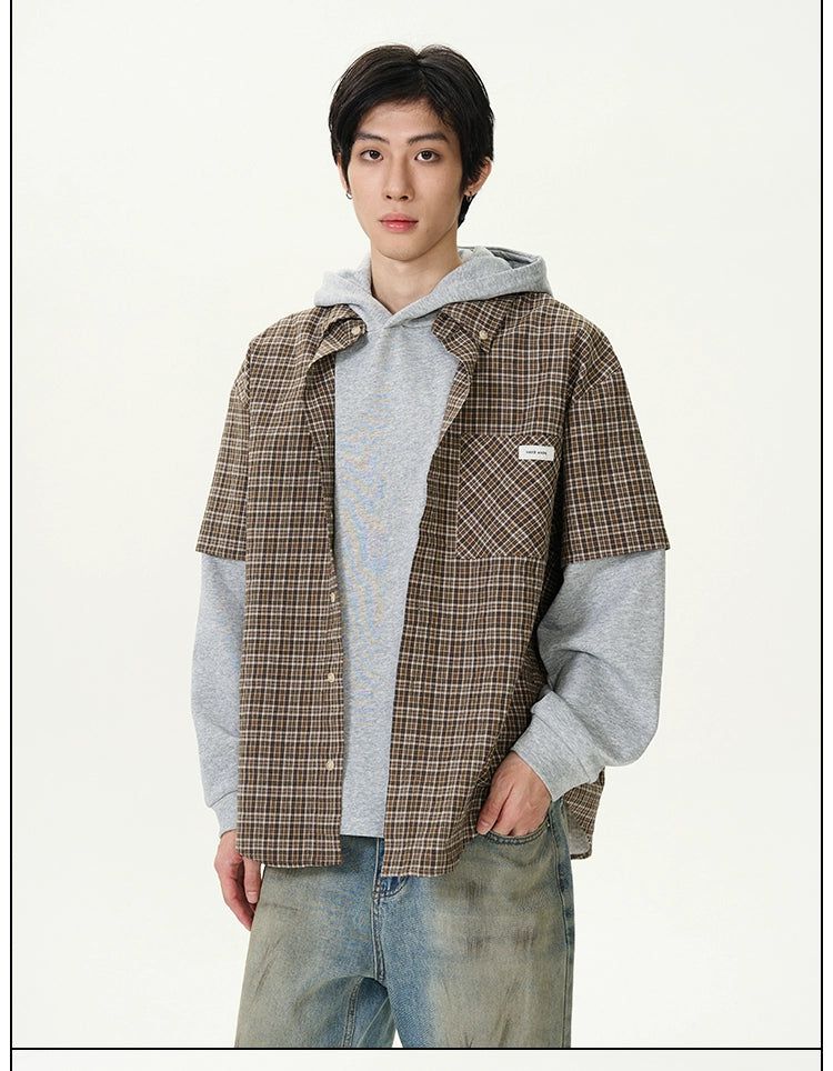 Plaid Layered Hooded Shirt Korean Street Fashion Shirt By 77Flight Shop Online at OH Vault