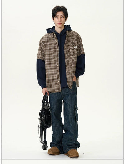 Plaid Layered Hooded Shirt Korean Street Fashion Shirt By 77Flight Shop Online at OH Vault