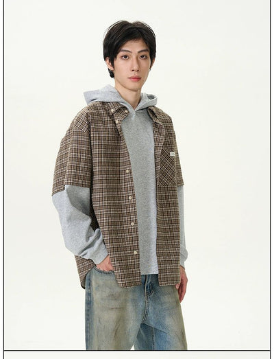 Plaid Layered Hooded Shirt Korean Street Fashion Shirt By 77Flight Shop Online at OH Vault