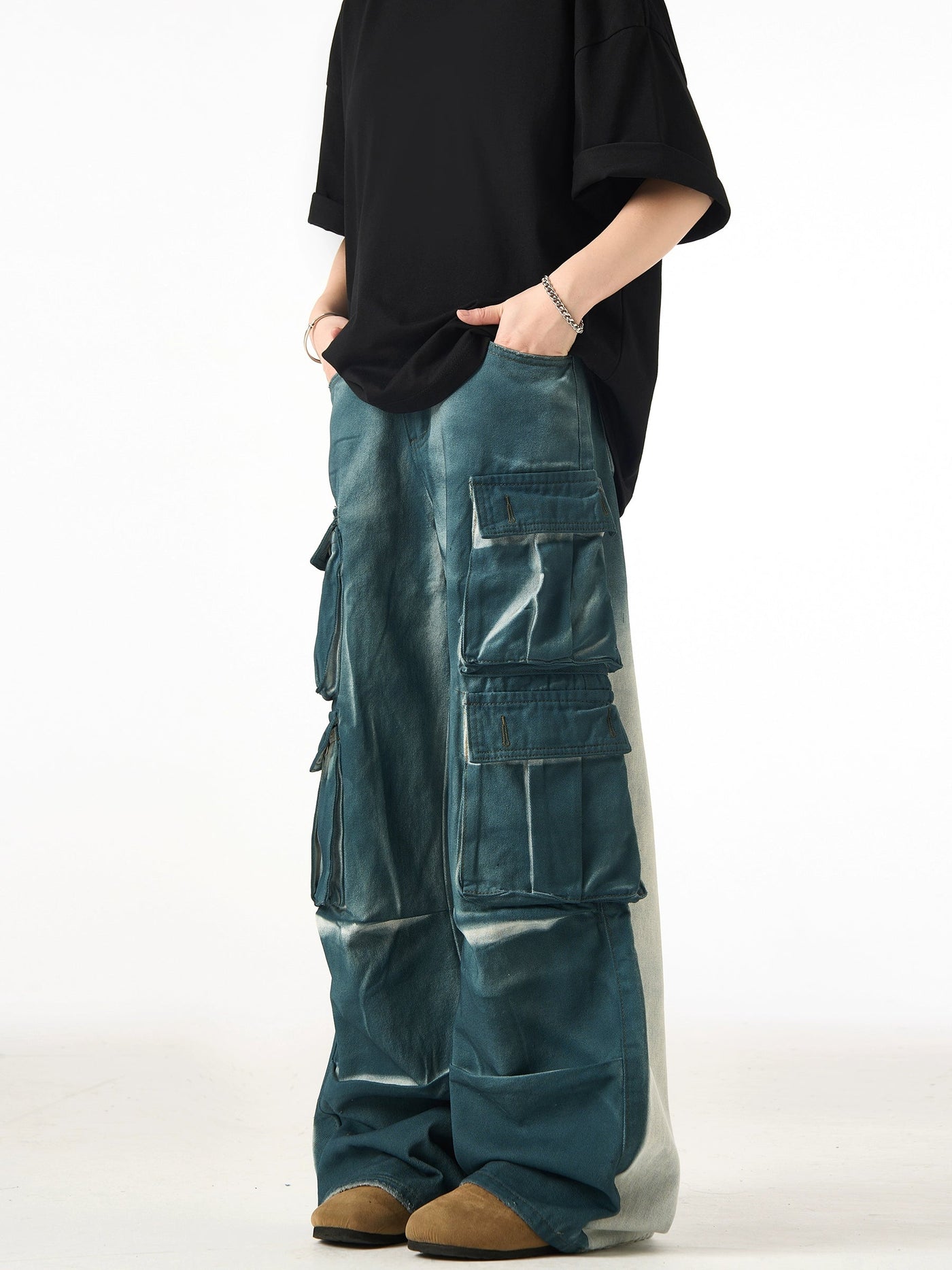 Two Tone Multi-Pocket Cargo Jeans Korean Street Fashion Jeans By Ash Dark Shop Online at OH Vault