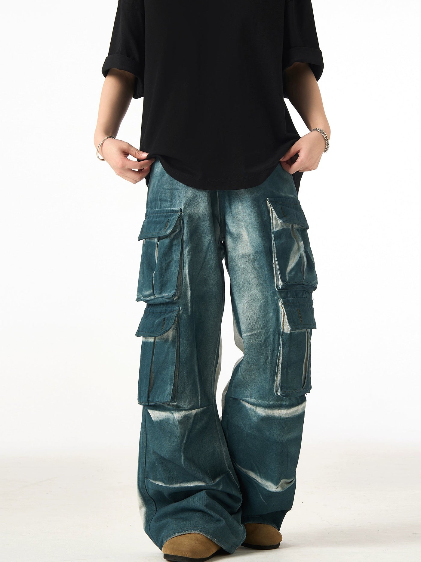 Two Tone Multi-Pocket Cargo Jeans Korean Street Fashion Jeans By Ash Dark Shop Online at OH Vault