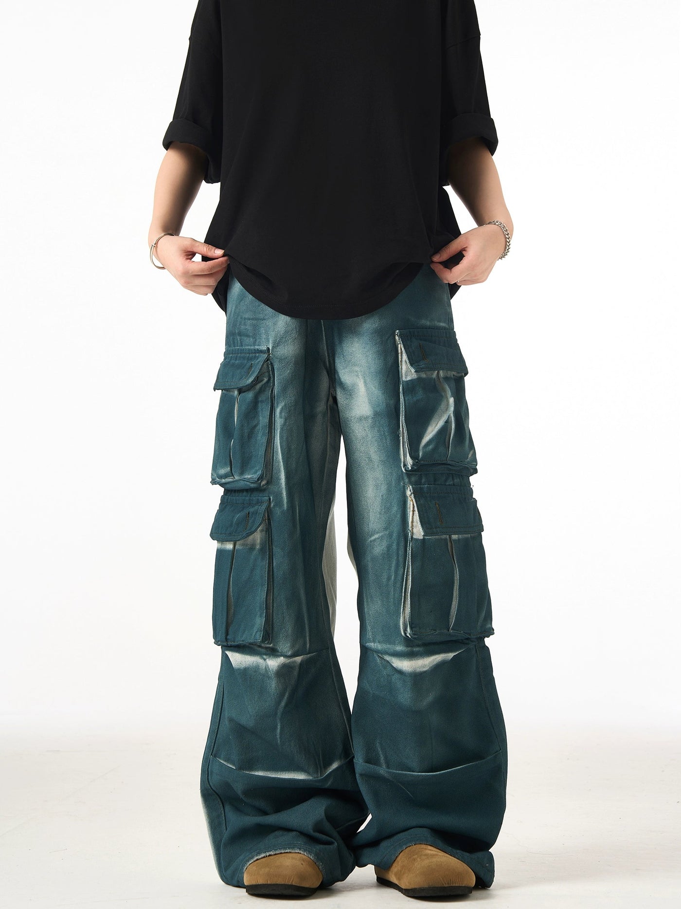 Two Tone Multi-Pocket Cargo Jeans Korean Street Fashion Jeans By Ash Dark Shop Online at OH Vault