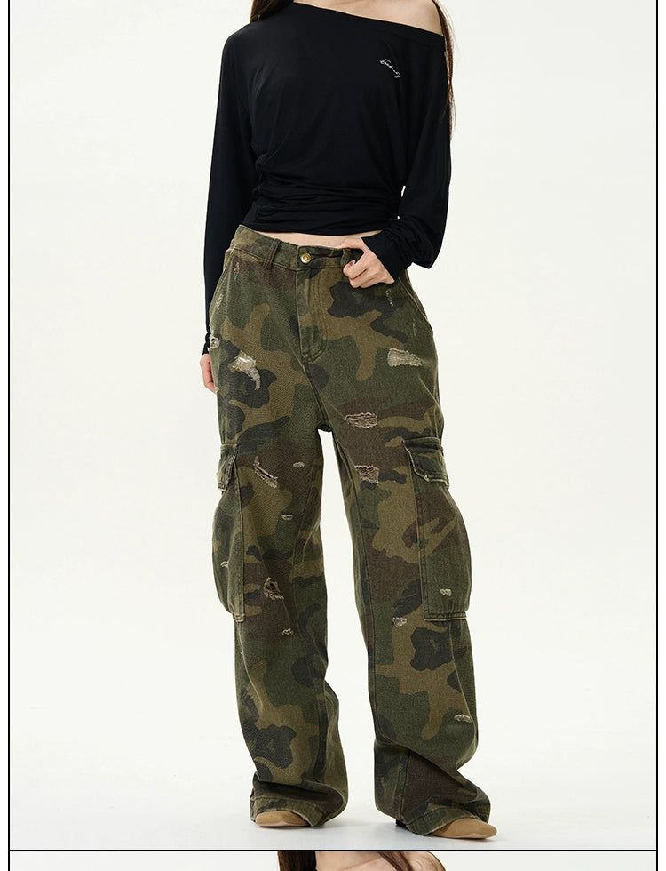 Washed Camo Ripped Jeans Korean Street Fashion Jeans By 77Flight Shop Online at OH Vault