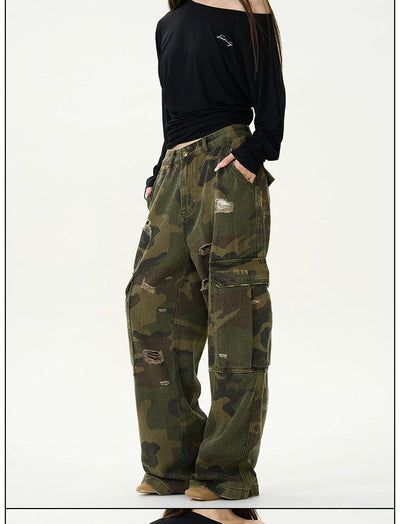 Washed Camo Ripped Jeans Korean Street Fashion Jeans By 77Flight Shop Online at OH Vault