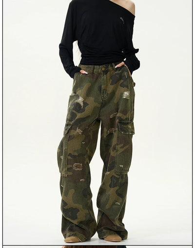 Washed Camo Ripped Jeans Korean Street Fashion Jeans By 77Flight Shop Online at OH Vault