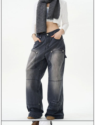 Washed Carpenter Wide Leg Jeans Korean Street Fashion Jeans By 77Flight Shop Online at OH Vault