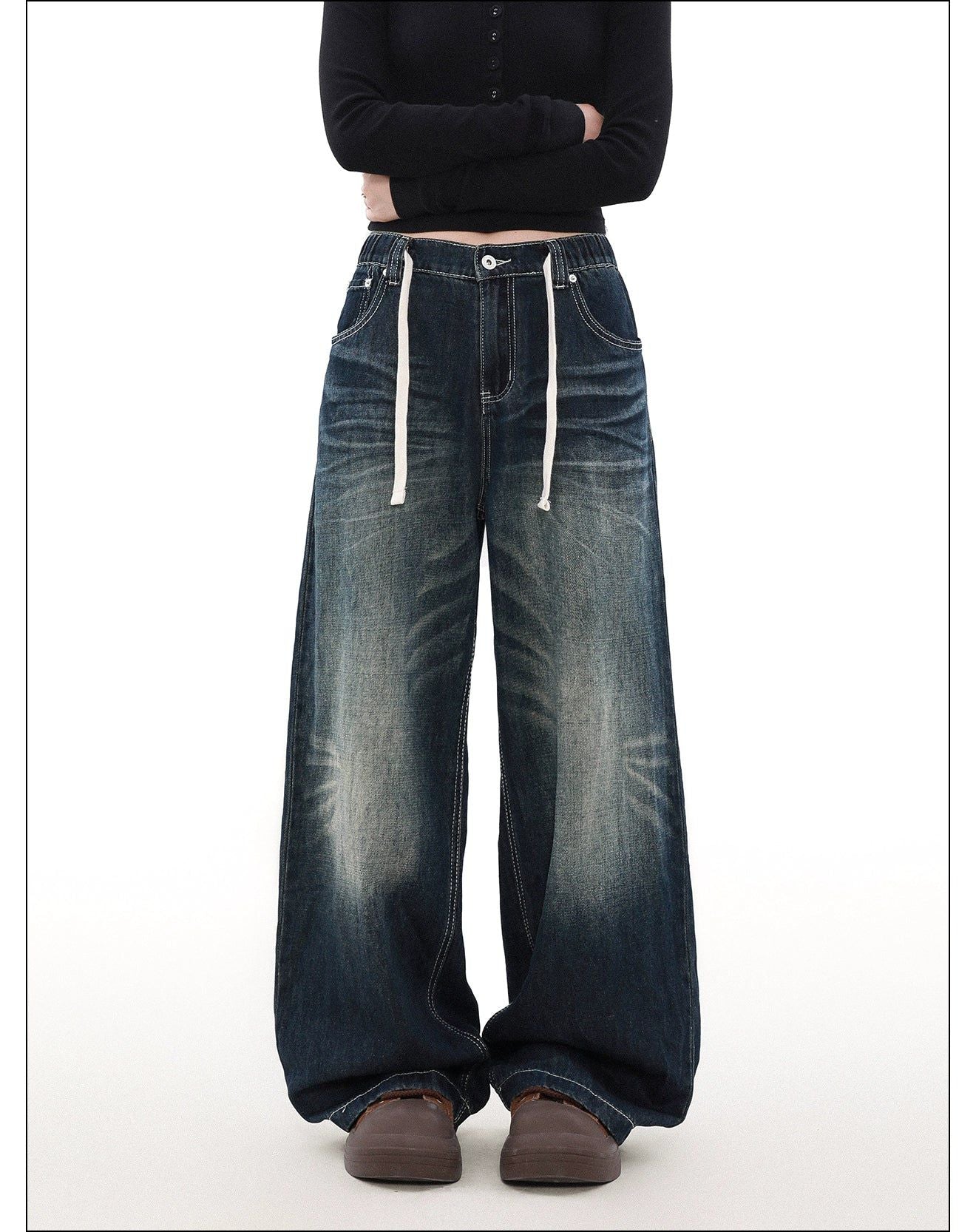 Washed Drawstring Waist Jeans Korean Street Fashion Jeans By Mr Nearly Shop Online at OH Vault