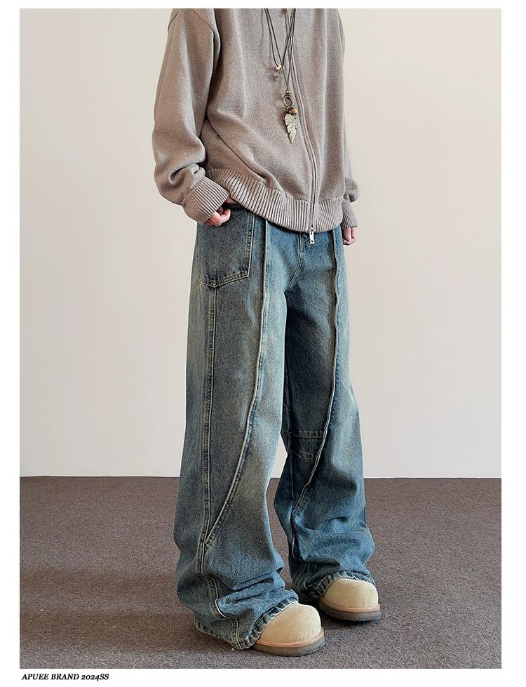 Washed Multi-Seams Straight Jeans Korean Street Fashion Jeans By A PUEE Shop Online at OH Vault