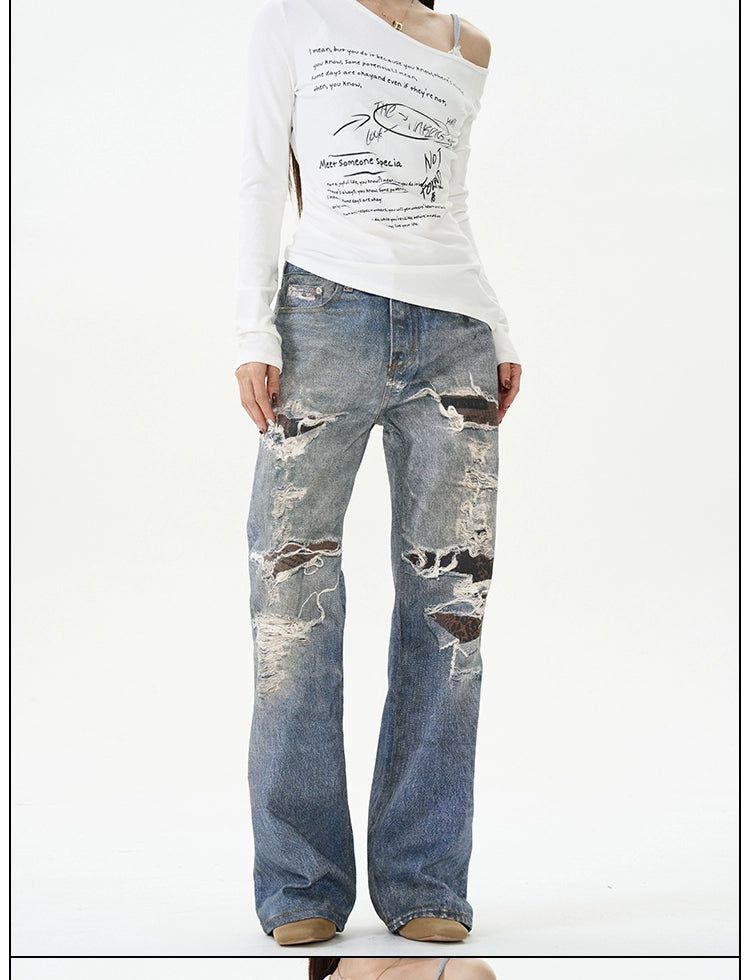 Washed Ripped Hole Jeans Korean Street Fashion Jeans By 77Flight Shop Online at OH Vault