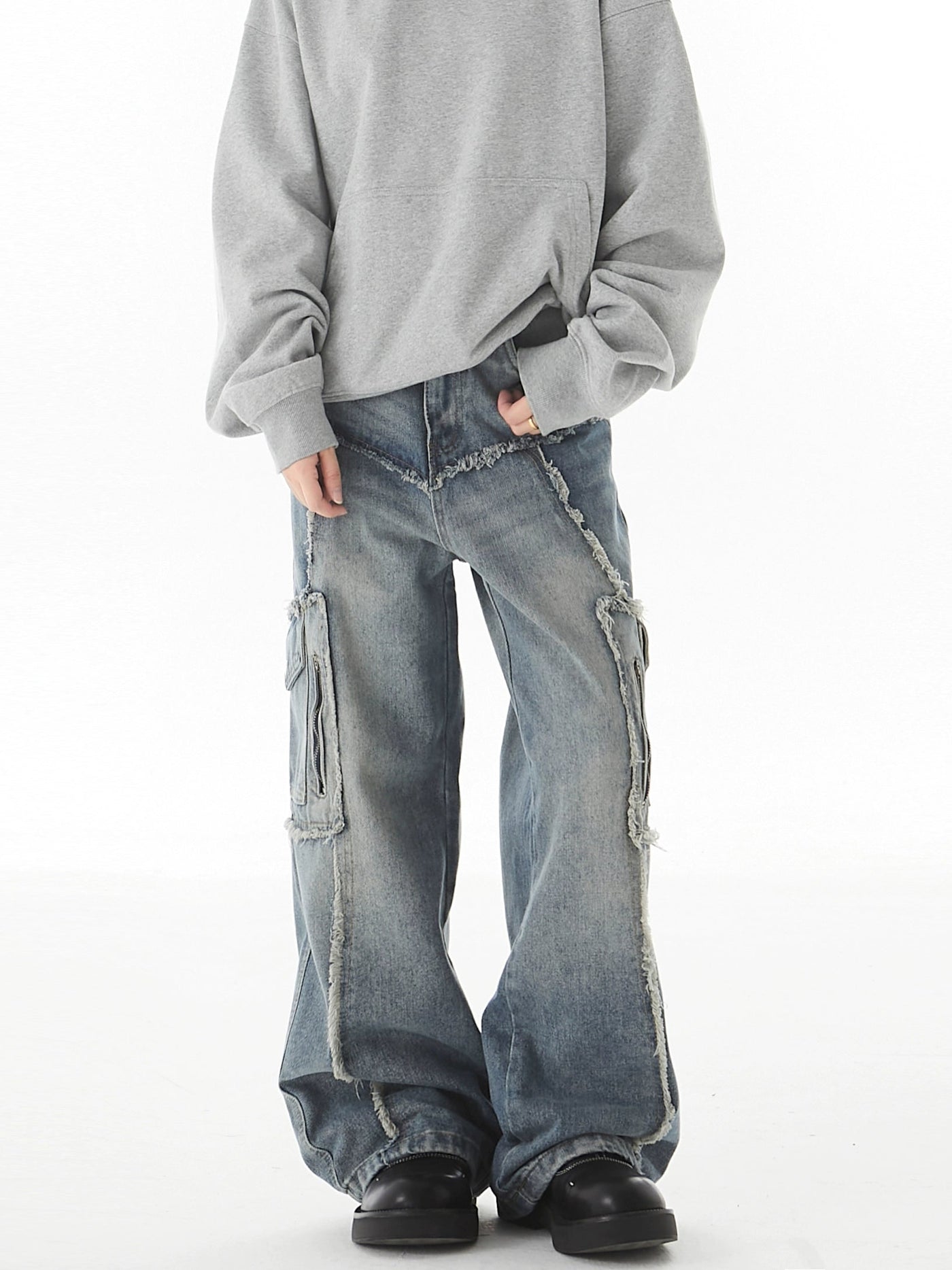 Washed Spliced Raw Edge Cargo Jeans Korean Street Fashion Jeans By Ash Dark Shop Online at OH Vault