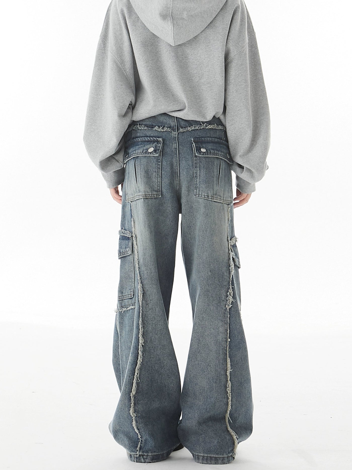 Washed Spliced Raw Edge Cargo Jeans Korean Street Fashion Jeans By Ash Dark Shop Online at OH Vault