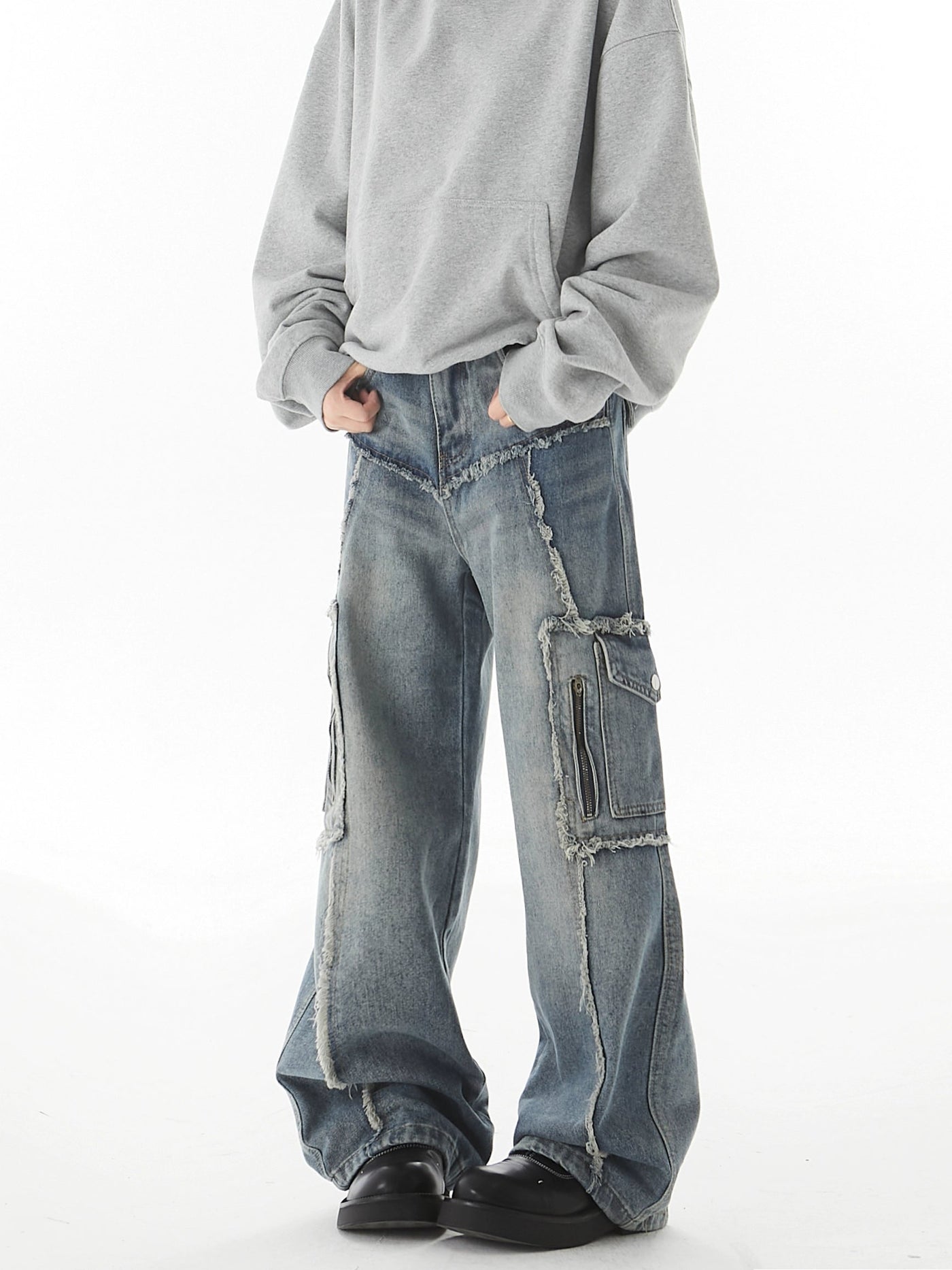 Washed Spliced Raw Edge Cargo Jeans Korean Street Fashion Jeans By Ash Dark Shop Online at OH Vault