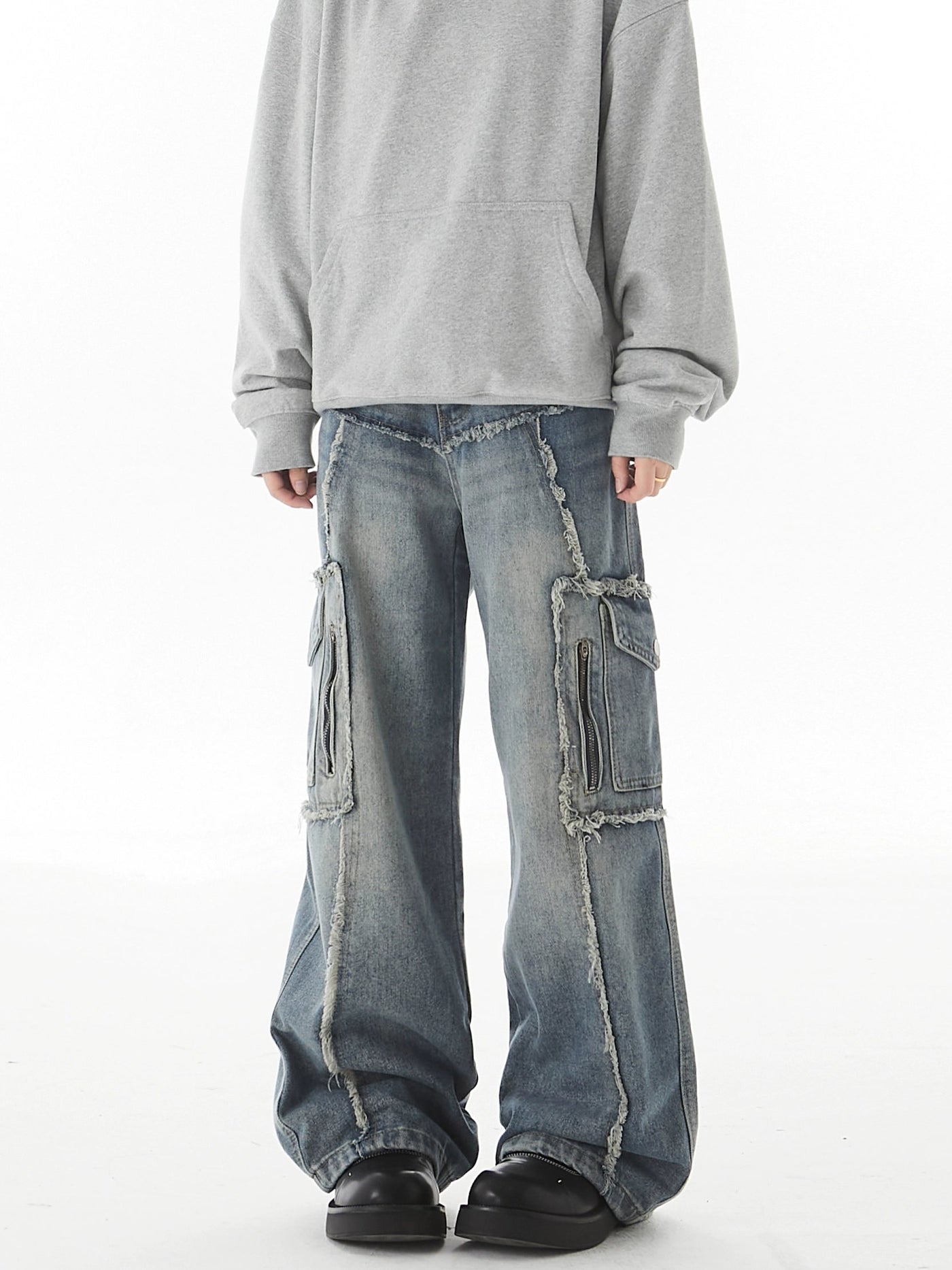 Washed Spliced Raw Edge Cargo Jeans Korean Street Fashion Jeans By Ash Dark Shop Online at OH Vault