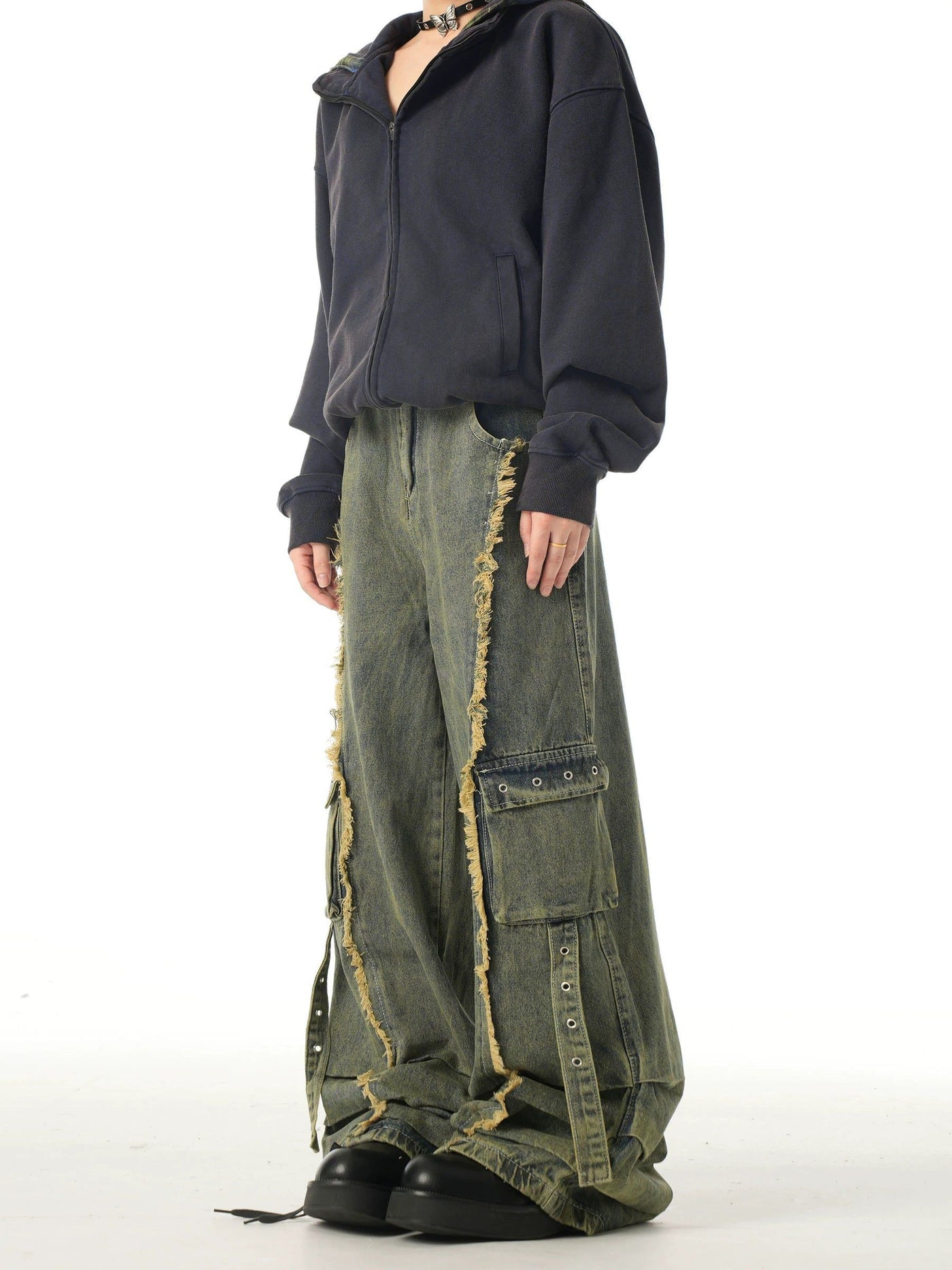 Washed Strap Raw Edge Cargo Jeans Korean Street Fashion Jeans By Ash Dark Shop Online at OH Vault