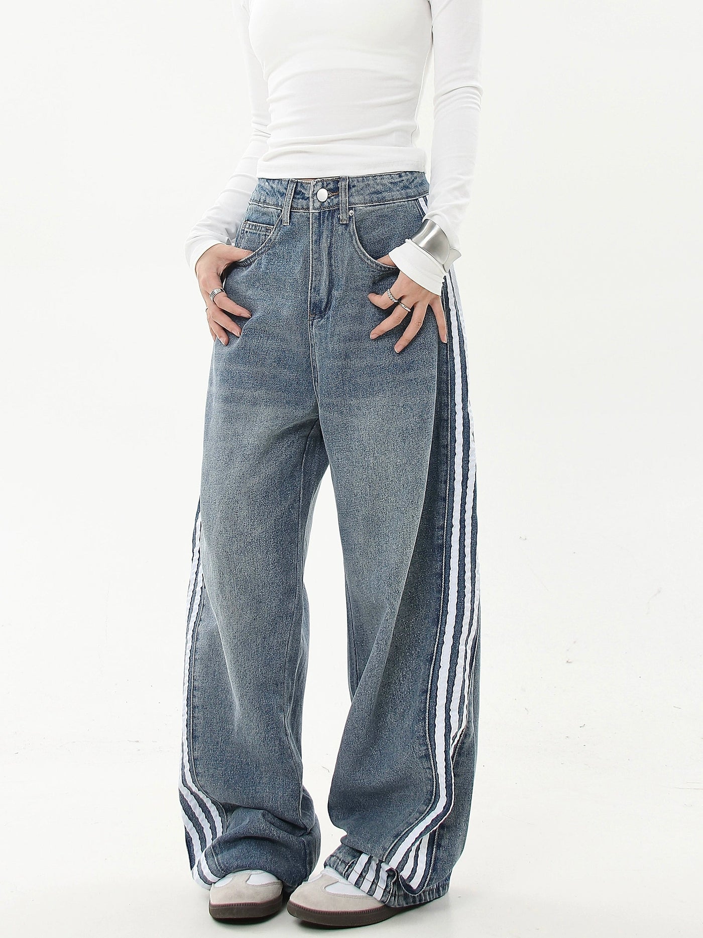 Washed Three-Bar Striped Jeans Korean Street Fashion Jeans By Blacklists Shop Online at OH Vault