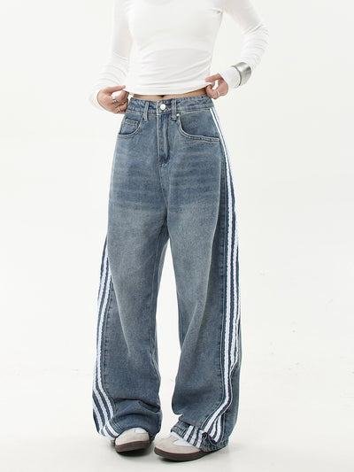 Washed Three-Bar Striped Jeans Korean Street Fashion Jeans By Blacklists Shop Online at OH Vault