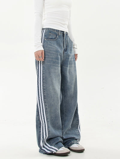 Washed Three-Bar Striped Jeans Korean Street Fashion Jeans By Blacklists Shop Online at OH Vault