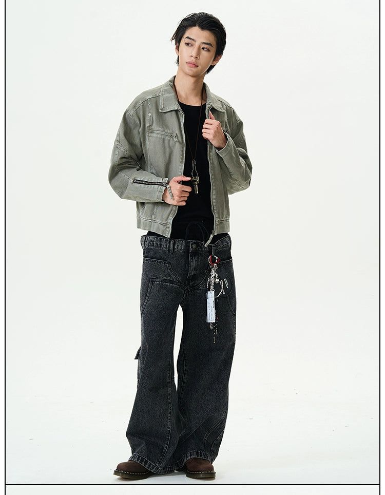 Washed Zipped Slit Denim Jacket Korean Street Fashion Jacket By 77Flight Shop Online at OH Vault