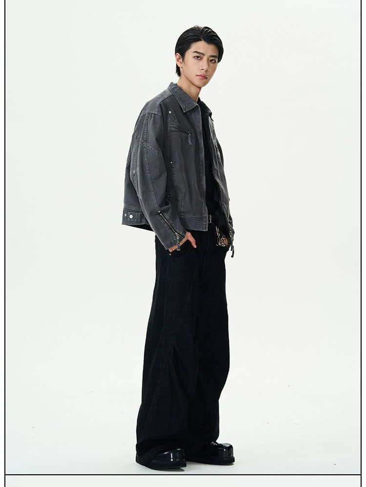 Washed Zipped Slit Denim Jacket Korean Street Fashion Jacket By 77Flight Shop Online at OH Vault