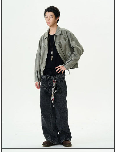 Washed Zipped Slit Denim Jacket Korean Street Fashion Jacket By 77Flight Shop Online at OH Vault