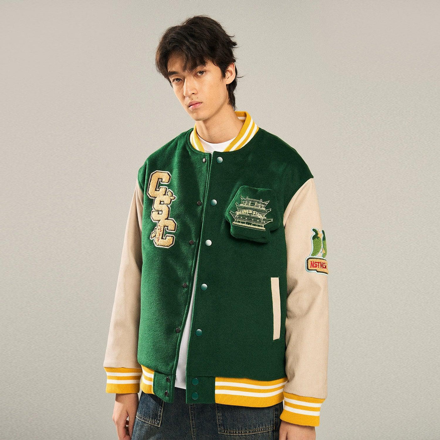 Contrast Buttoned Varsity Jacket Korean Street Fashion Jacket By New Start Shop Online at OH Vault