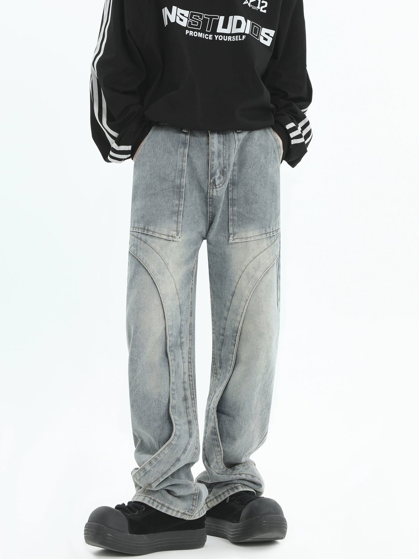 Detailed Seams Faded Jeans Korean Street Fashion Jeans By INS Korea Shop Online at OH Vault
