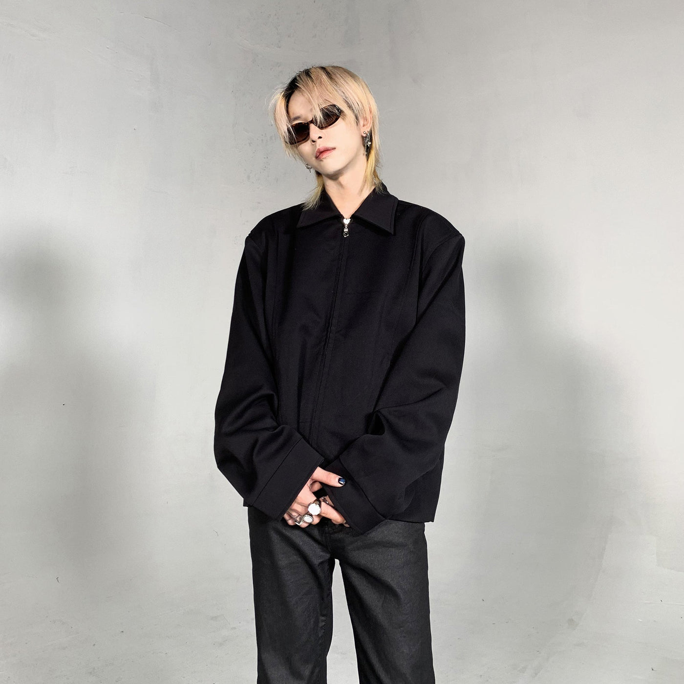 Solid Color Wide Shoulder Zip-Up Jacket Korean Street Fashion Jacket By Ash Dark Shop Online at OH Vault