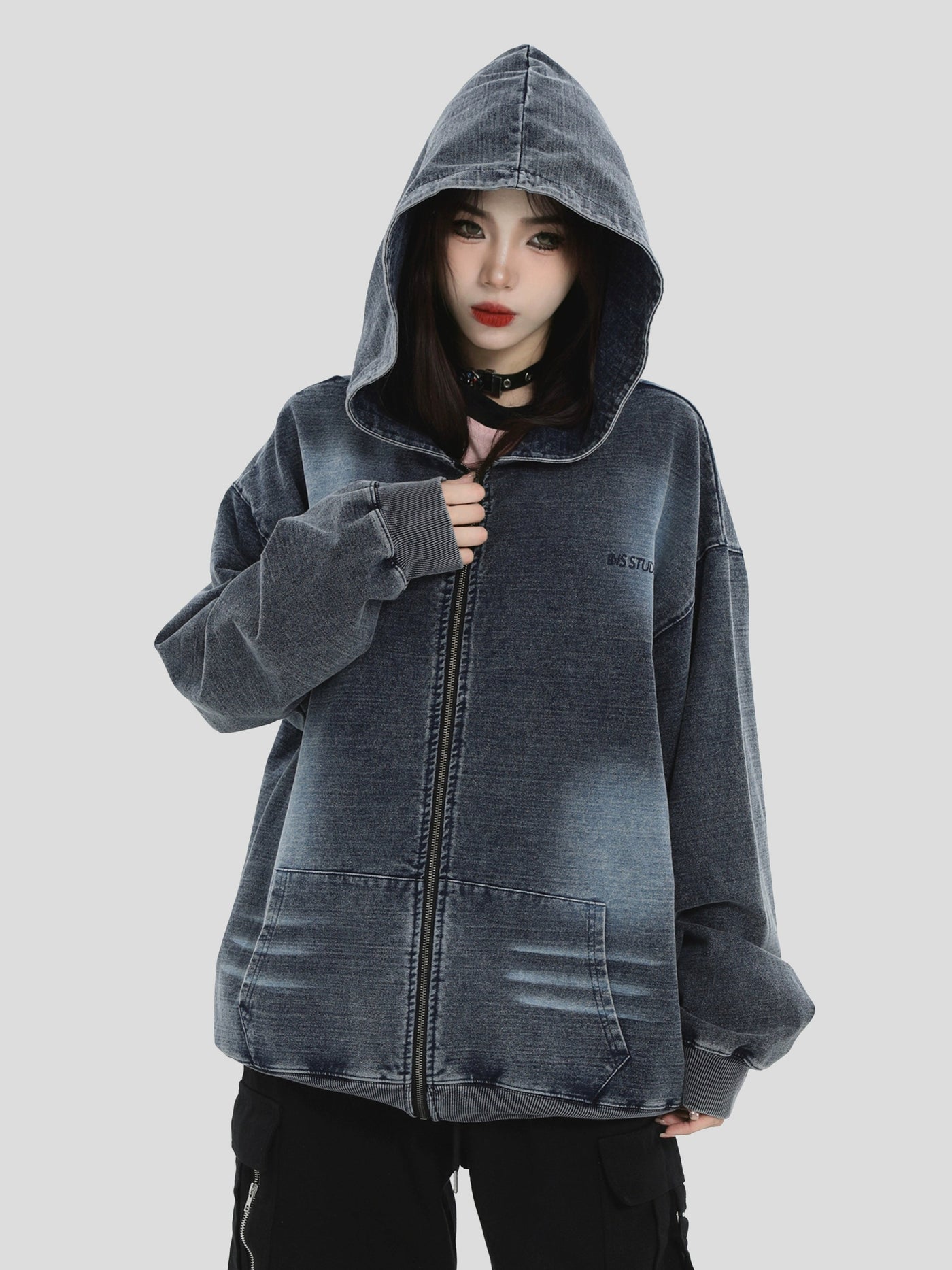 Fade Spots Denim Hoodie Korean Street Fashion Hoodie By INS Korea Shop Online at OH Vault