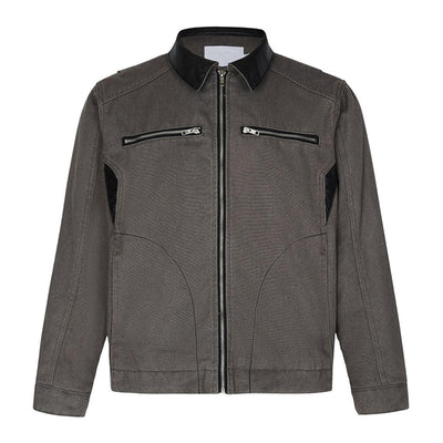 Leather Collared Zip Front Denim Jacket Korean Street Fashion Jacket By Mr Nearly Shop Online at OH Vault