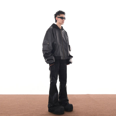 Sleek Hooded PU Leather Bomber Jacket Korean Street Fashion Jacket By Blacklists Shop Online at OH Vault