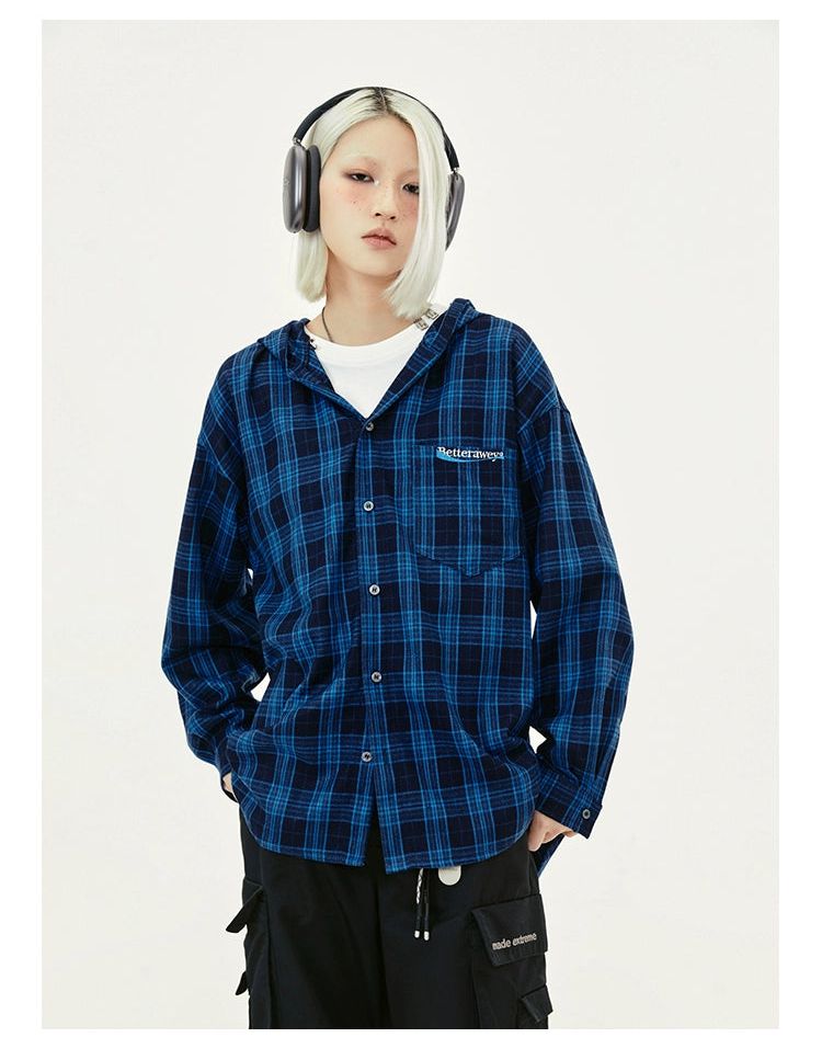 Checkered Loose Hooded Shirt Korean Street Fashion Shirt By Made Extreme Shop Online at OH Vault