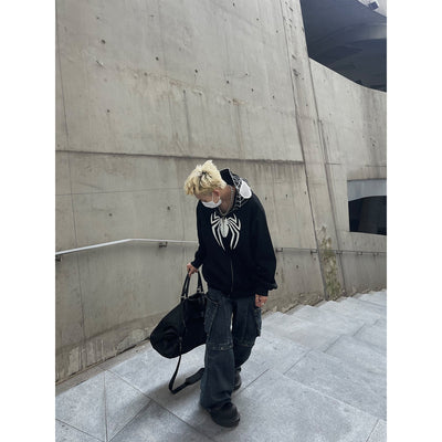 MaxDstr Spider Embroidery Full Zipped Hoodie Korean Street Fashion Hoodie By MaxDstr Shop Online at OH Vault