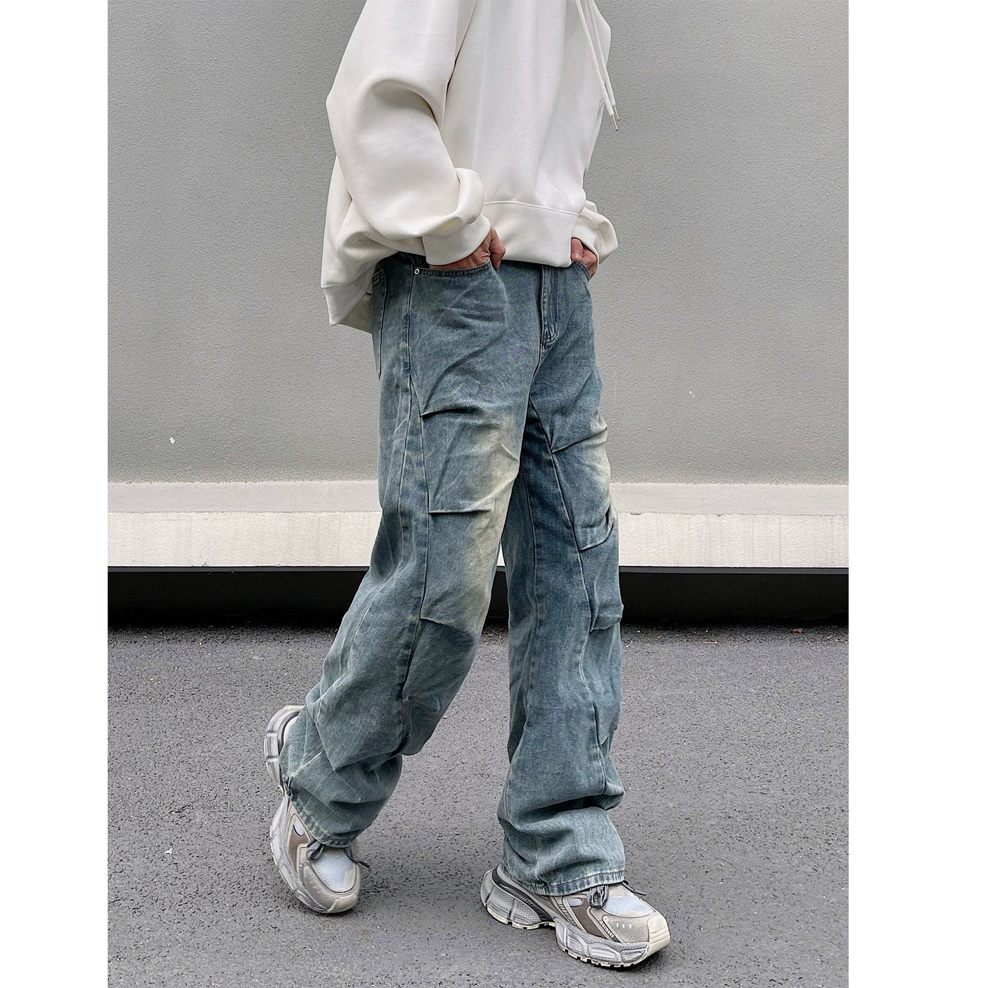 Faded Irregular Pleated Jeans Korean Street Fashion Jeans By Blacklists Shop Online at OH Vault