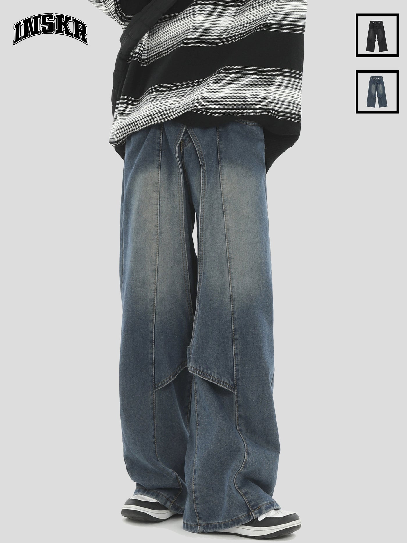 Seam Detail Faded Wide Leg Jeans Korean Street Fashion Jeans By INS Korea Shop Online at OH Vault