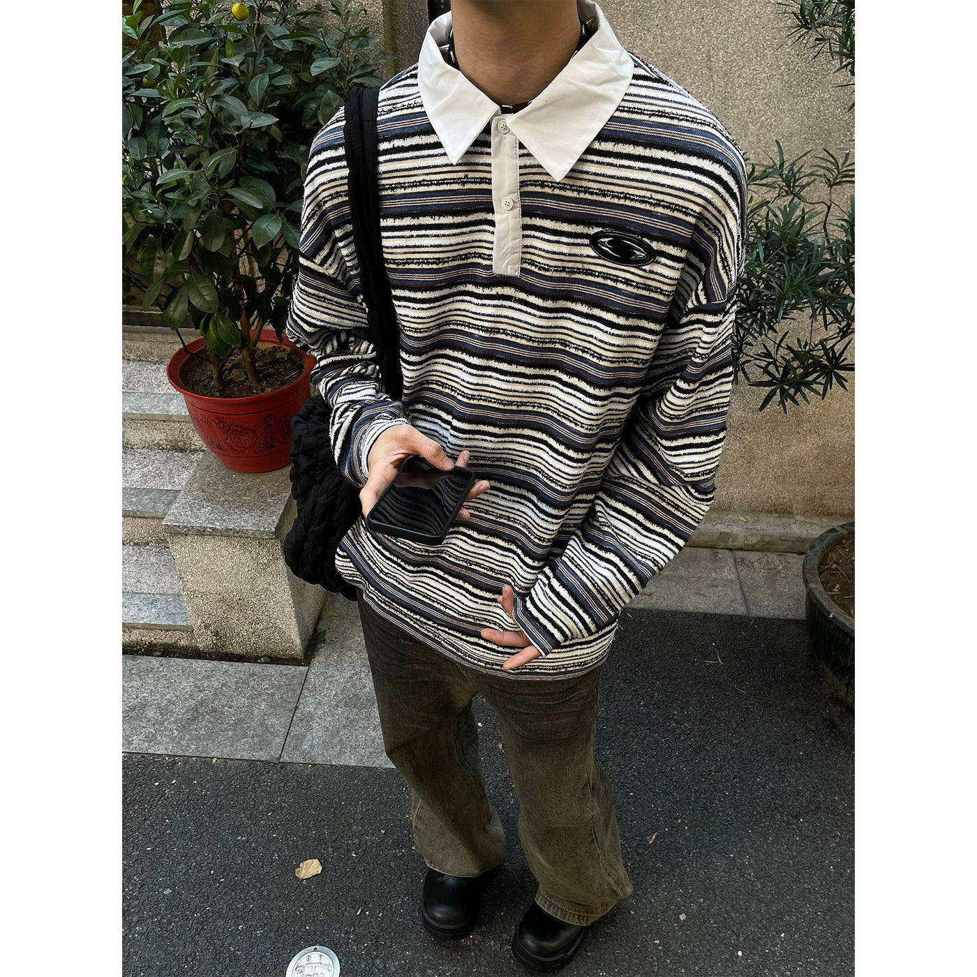 Striped Texture Long Sleeve Polo Korean Street Fashion Polo By MaxDstr Shop Online at OH Vault
