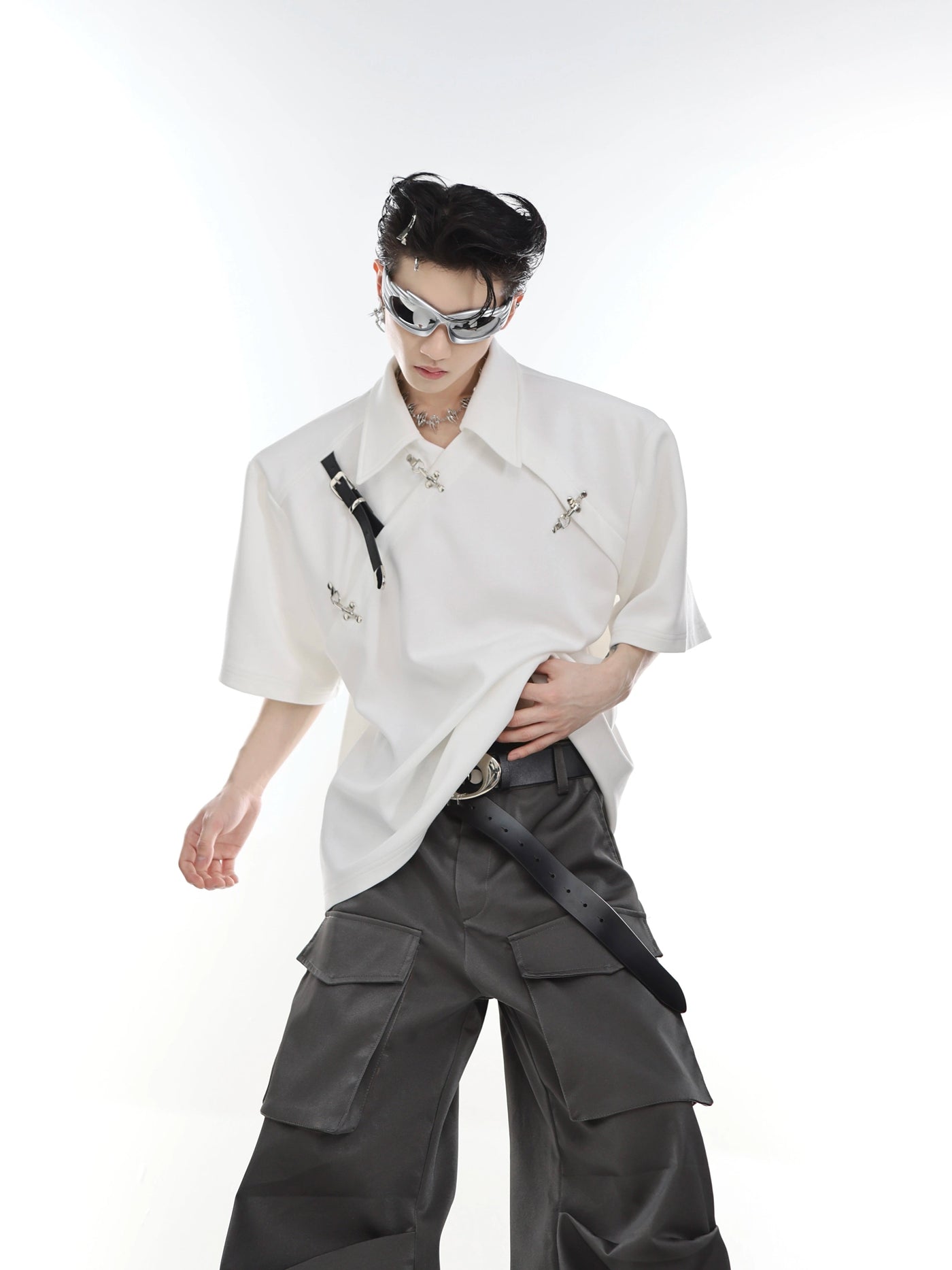 Strap Belt and Metal Link Shirt Korean Street Fashion Shirt By Argue Culture Shop Online at OH Vault