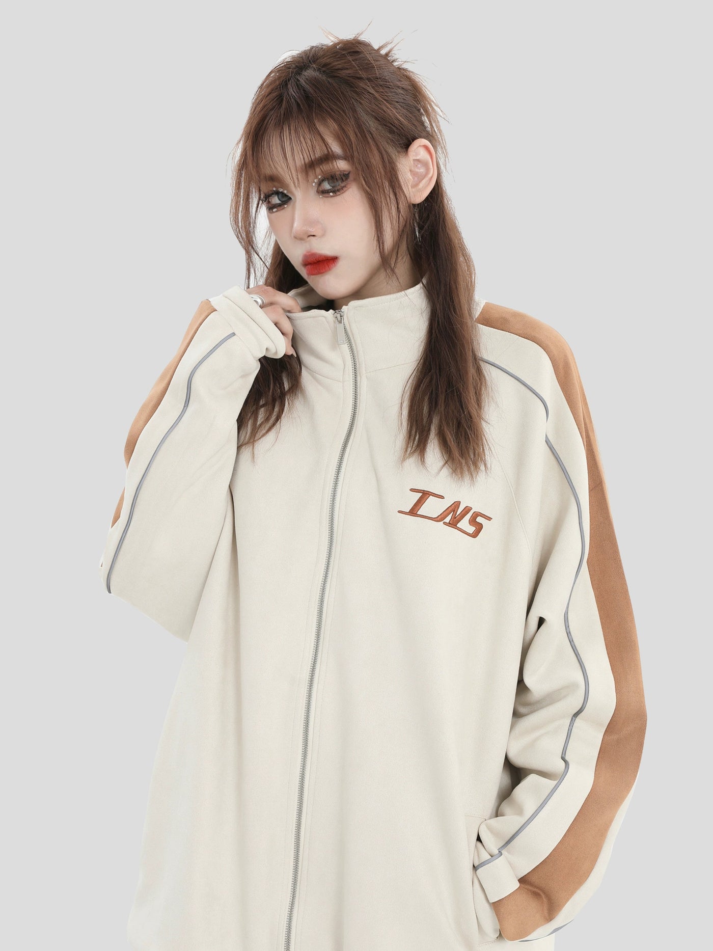 INS Korea Stitched Logo Contrast Zipped Jacket Korean Street Fashion Jacket By INS Korea Shop Online at OH Vault