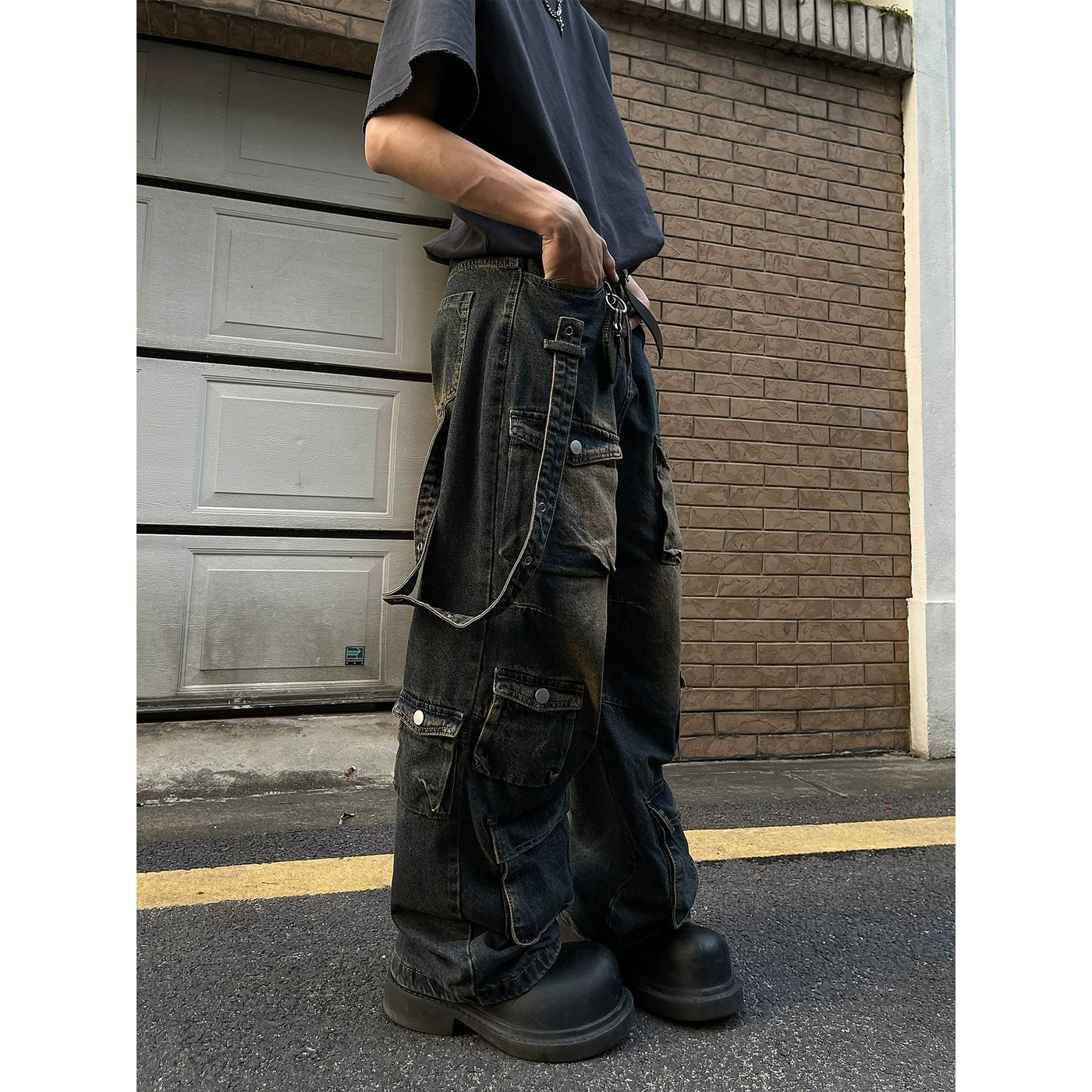 Gradient Contrast Strap Cargo Jeans Korean Street Fashion Jeans By MaxDstr Shop Online at OH Vault