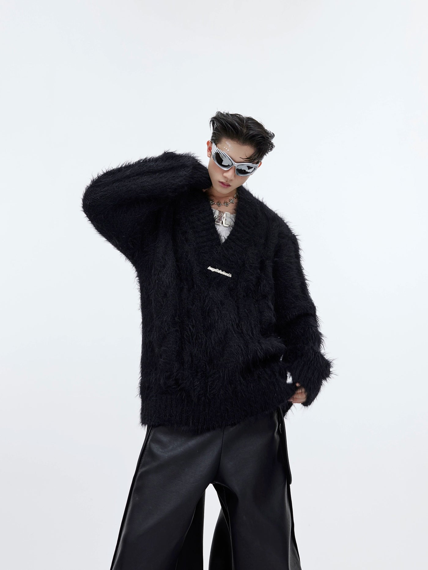 V-Neck Thick Fur Sweater Korean Street Fashion Sweater By Argue Culture Shop Online at OH Vault