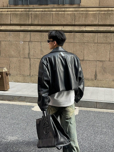 Sleek Lapel Moto Short PU Leather Jacket Korean Street Fashion Jacket By Poikilotherm Shop Online at OH Vault