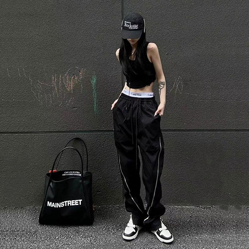 CATSSTAC Diagonal Lines Zipper Drawstring Pants Korean Street Fashion Pants By CATSSTAC Shop Online at OH Vault