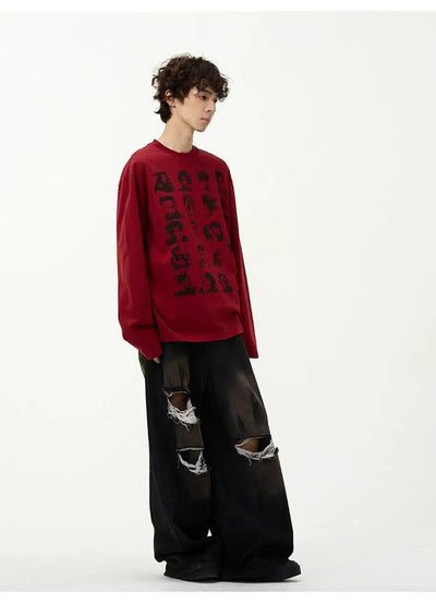 Multi-Face Graphic Long Sleeve T-Shirt Korean Street Fashion T-Shirt By 77Flight Shop Online at OH Vault