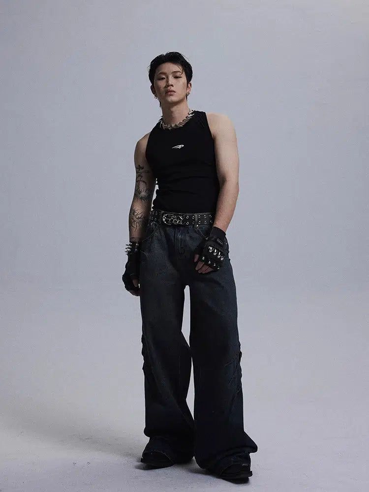 Waxy Scratched Wide Jeans Korean Street Fashion Jeans By Dark Fog Shop Online at OH Vault