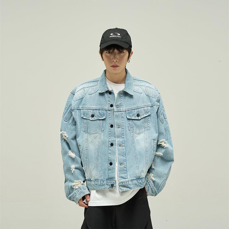 77Flight Washed Flap Pocket Ripped Denim Jacket Korean Street Fashion Jacket By 77Flight Shop Online at OH Vault