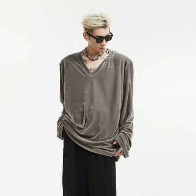 Cozy Fit Velvet V-Neck Long Sleeve T-Shirt Korean Street Fashion T-Shirt By Slim Black Shop Online at OH Vault